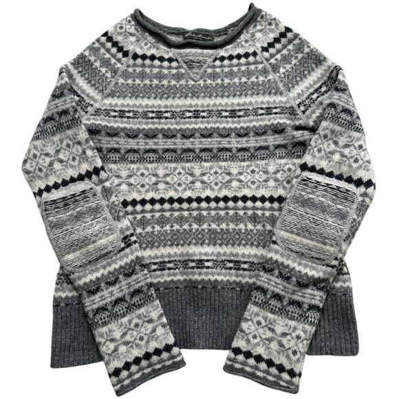 Eddie Bauer Sweaters - Eddie Bauer Womens S Gray Fair Isle Nordic Lamb’s Wool Sweater Elbow Patches